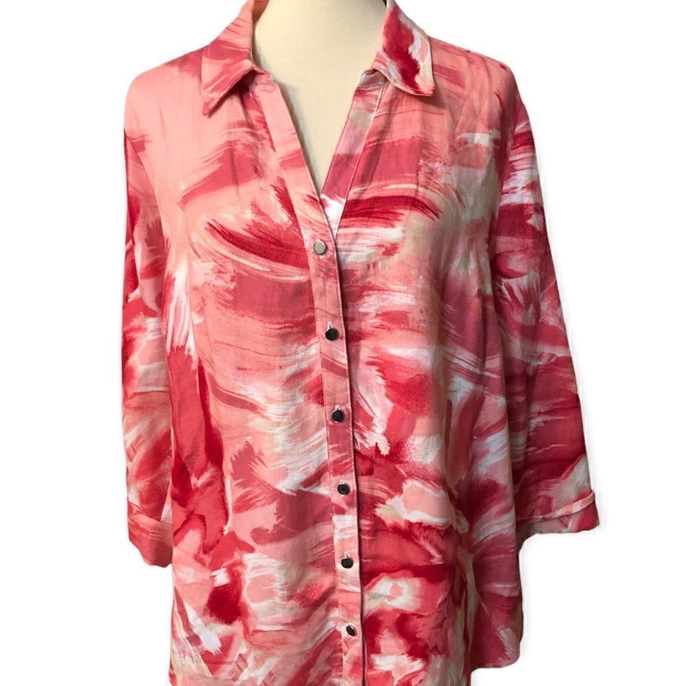 JM Collection Pink White Apple Sumi Ink Brush button down blouse silver sleek bu